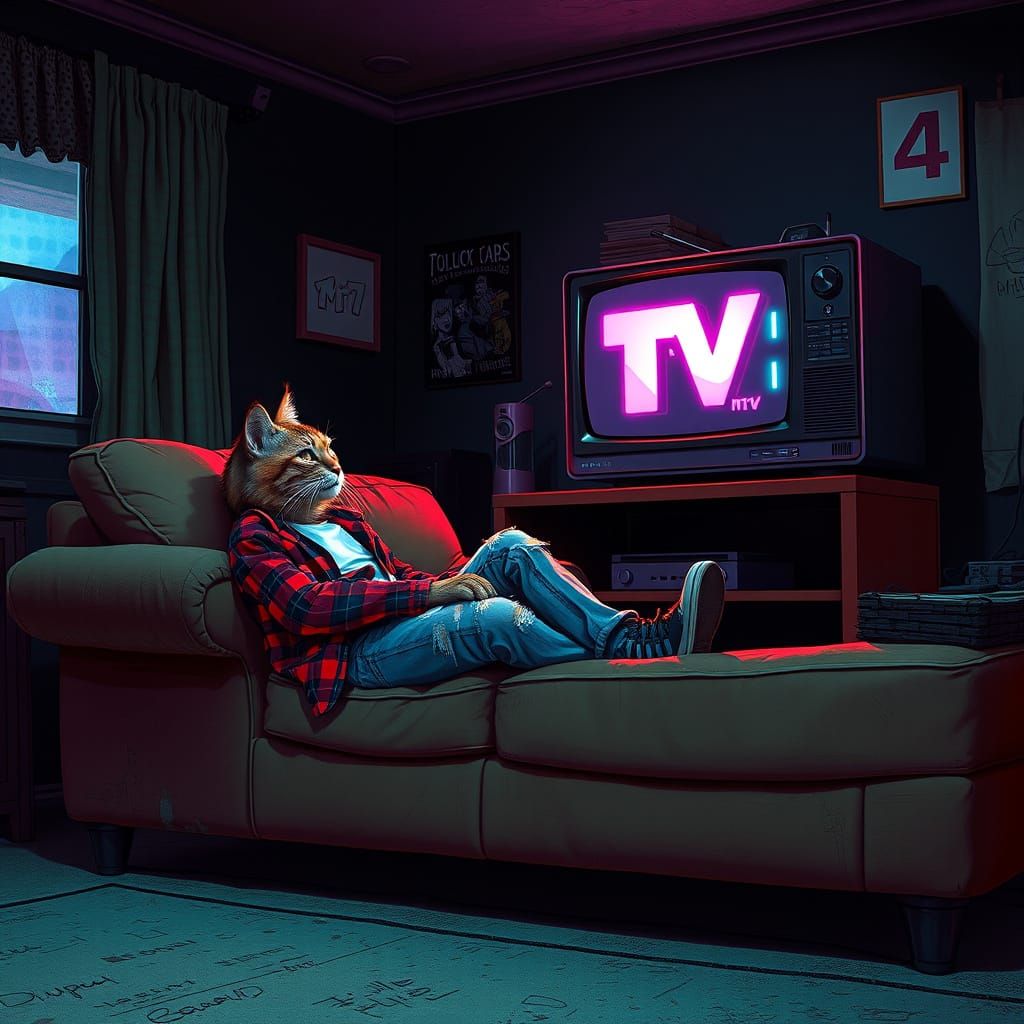Grungy Gen X Cat Watching MTV as Digital Matte Painting