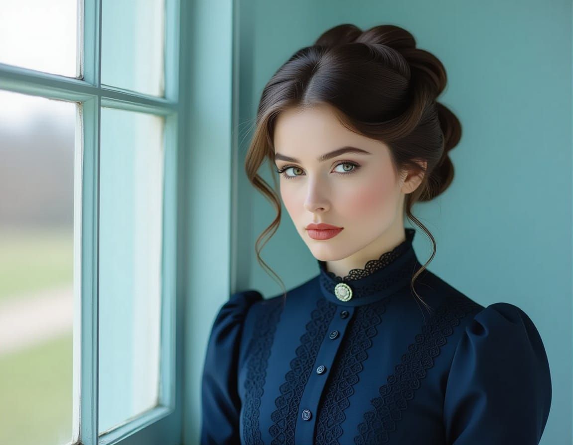 Victorian Woman Gazing Out Window in Bokeh Portrait