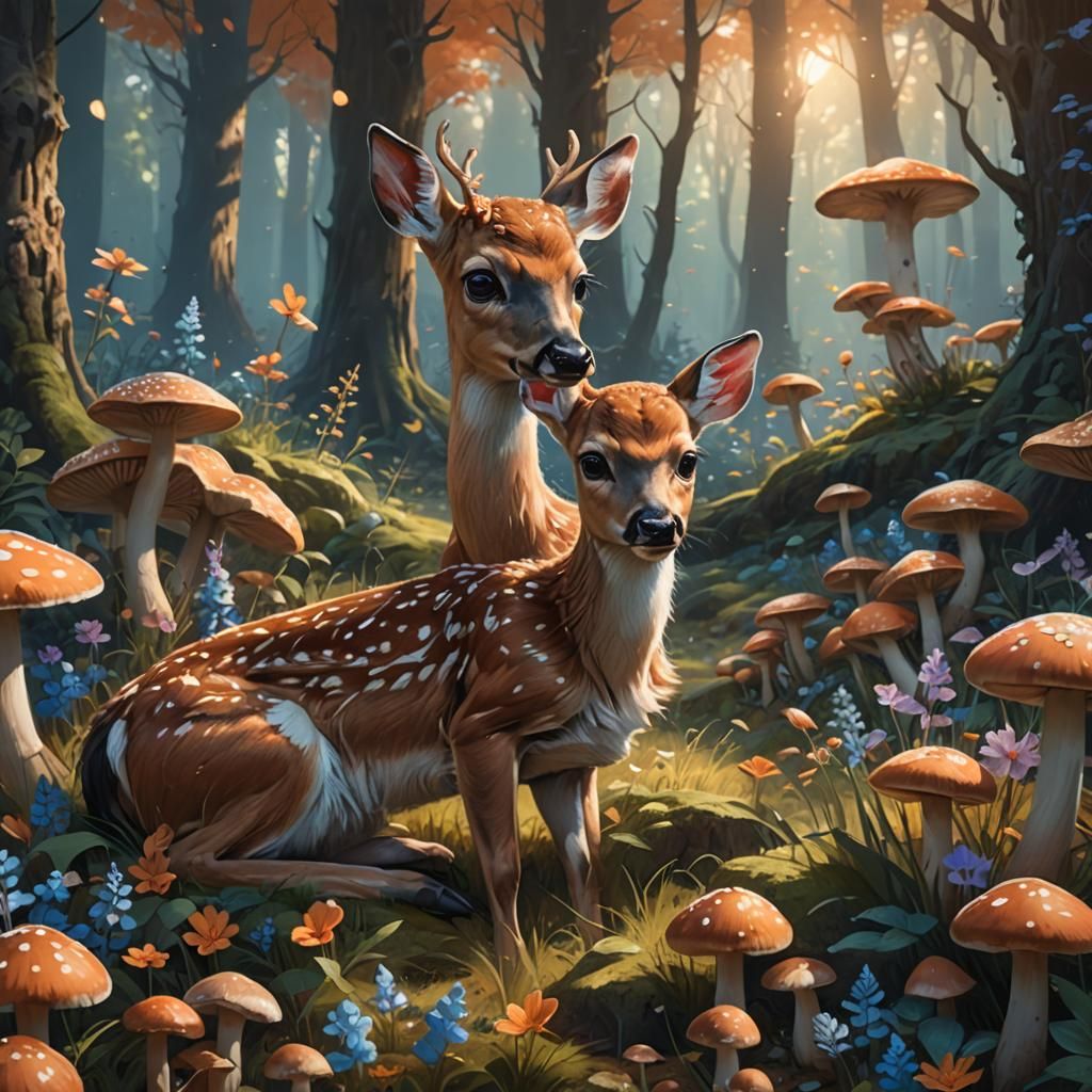 Enchanting Fawn in Forest Clearing, Oil Painting