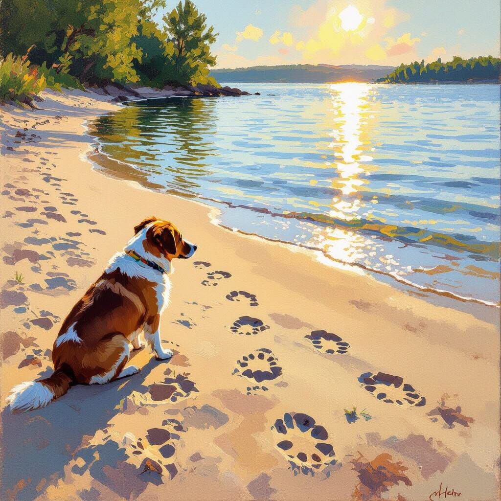 Dog Footprints on Sandy Beach in Impressionist Style
