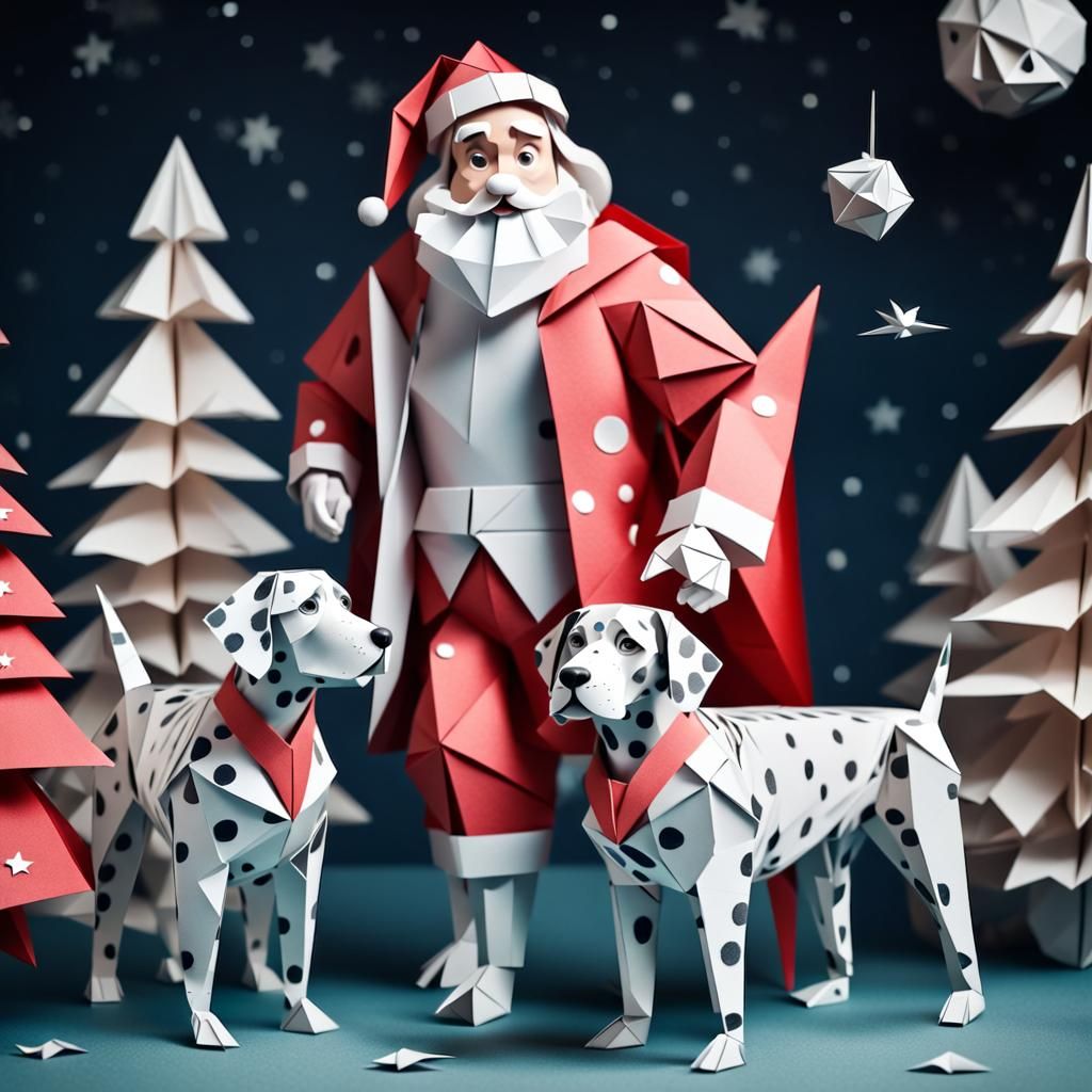Space Santa with Dalmatians in Origami Style
