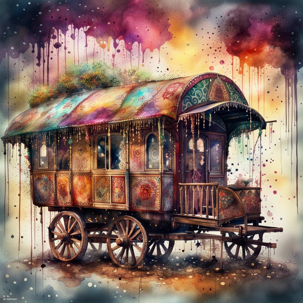 Watercolor Gypsy Caravan with Splatter Art