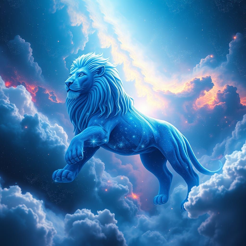 Serenely Floating Blue Star Lion Amidst Vibrant Galaxy