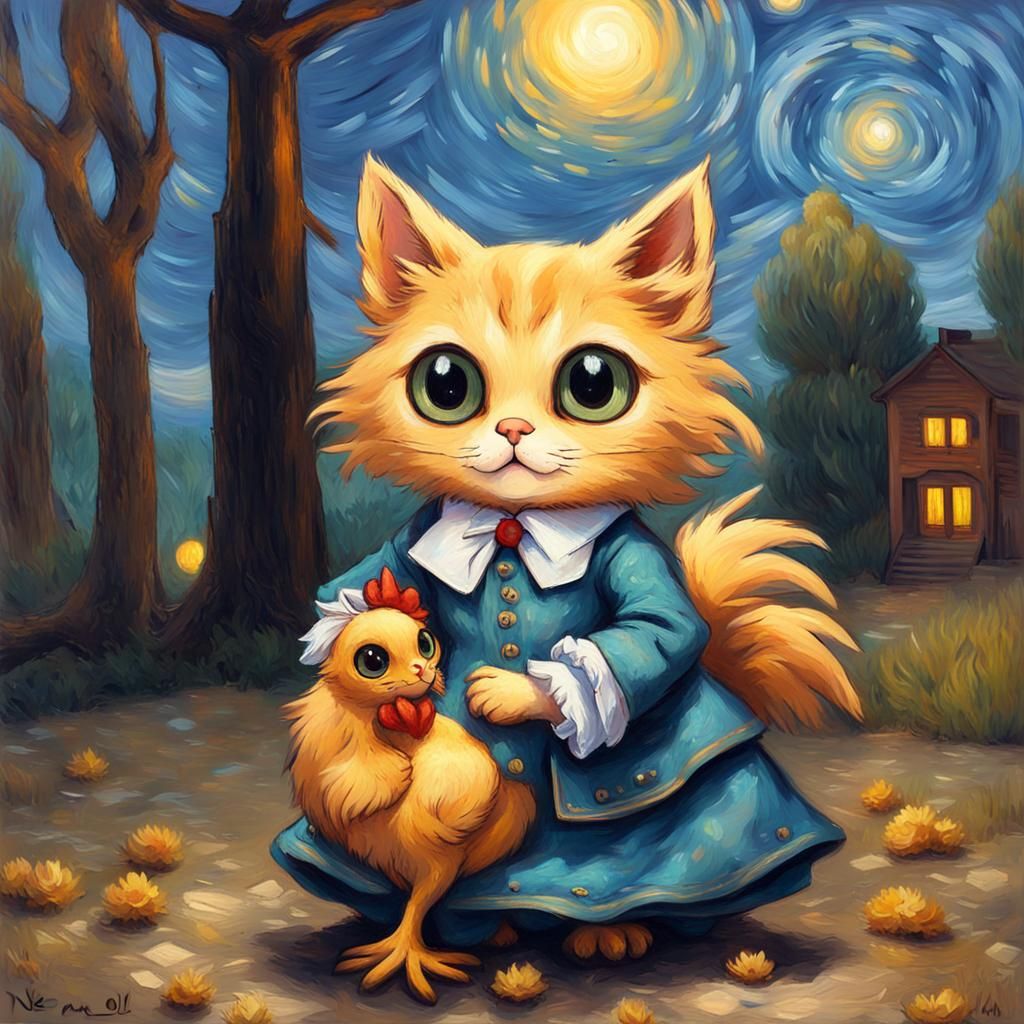 Anime Cat Hugging Chicken in Van Gogh Style
