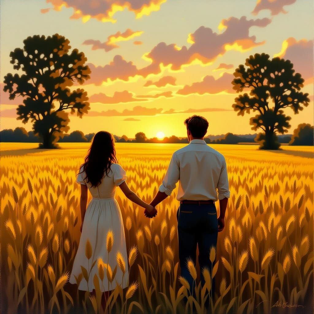 Young Couple in Golden Sunset Wheat Field