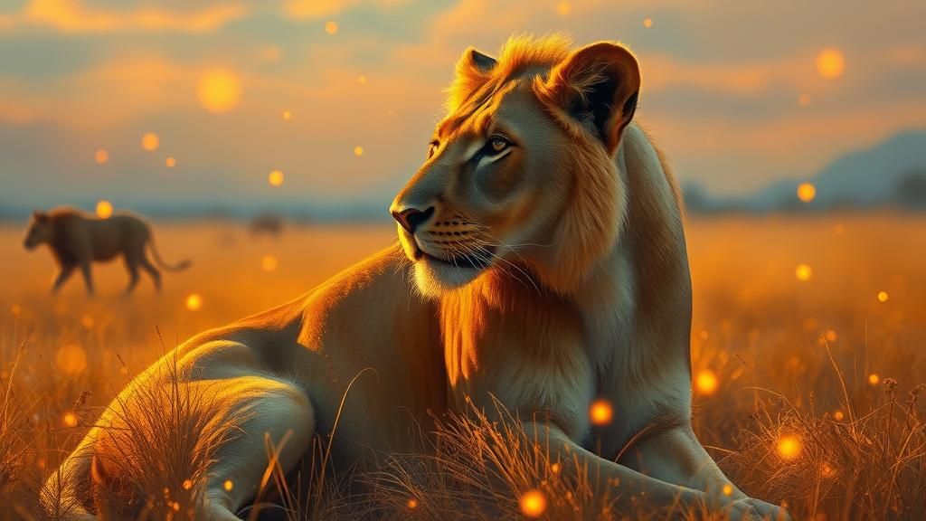 Mystical Lioness in Golden Savannah at Dusk