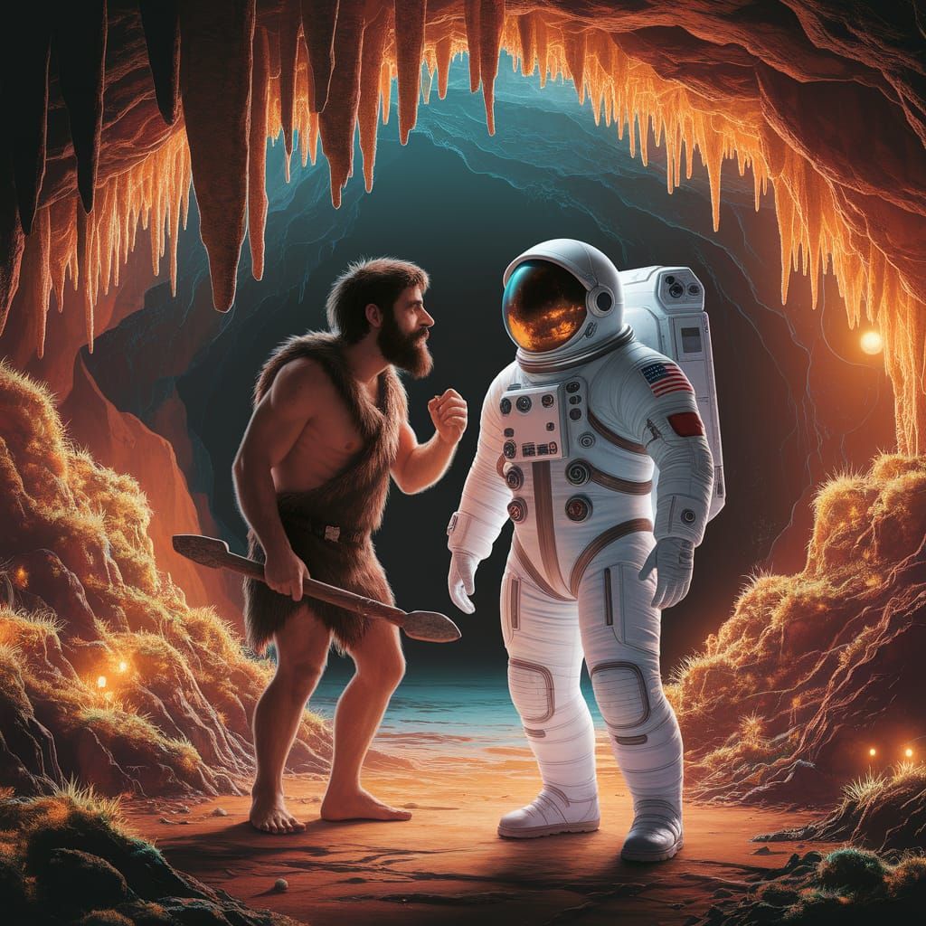 Caveman and Astronaut Friendship in Bioluminescent Cavern