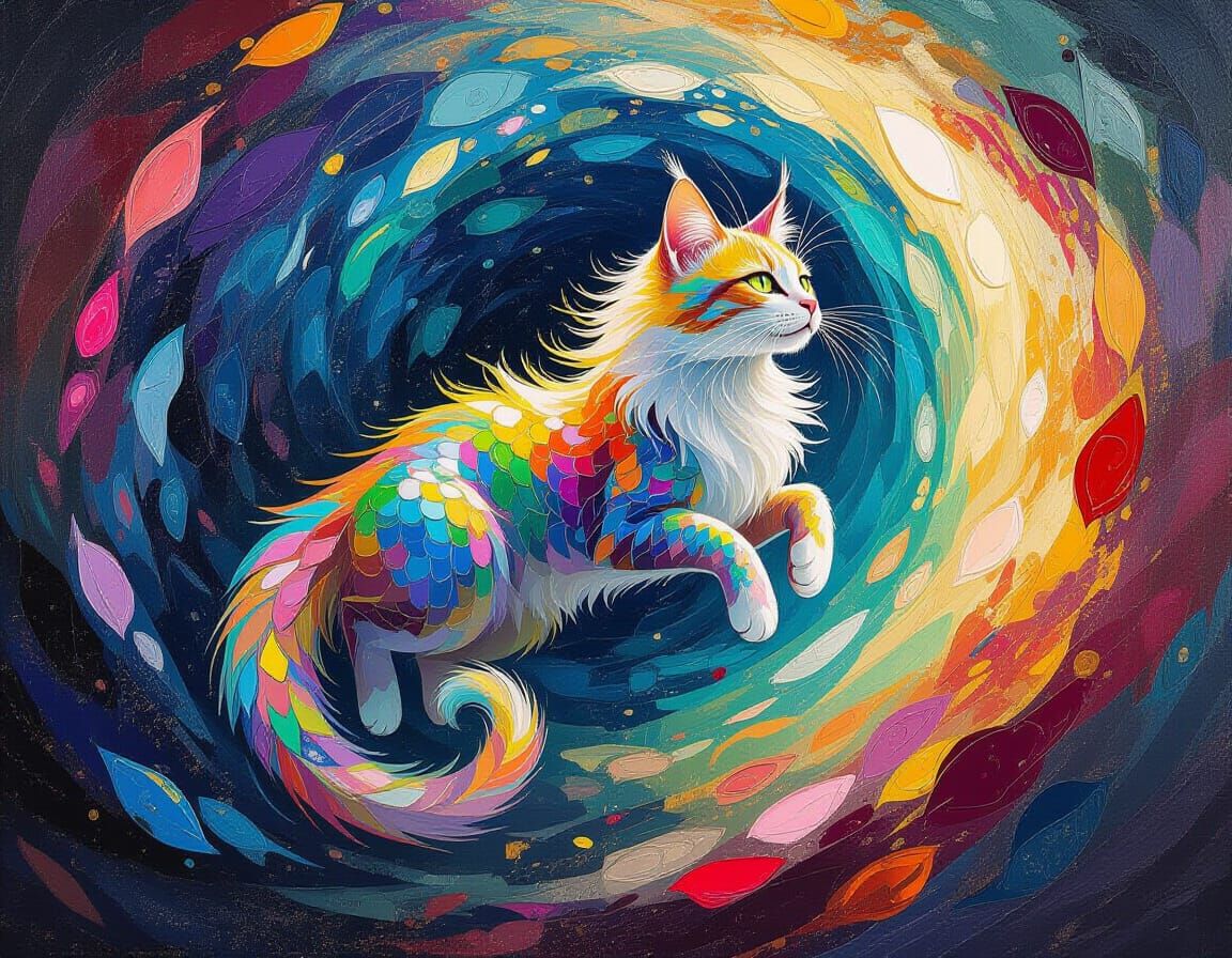 Cat-Dragon Soaring Through Colorful Vortex, Pointillist Pain...