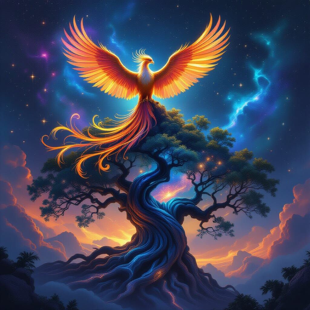 Majestic Phoenix on Cosmic Tree in Epic Fantasy Style