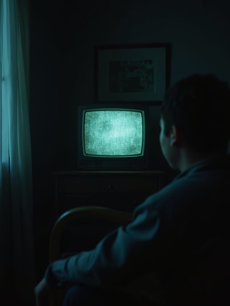 Retro Horror Figure Watching Static TV in VHS Aesthetic