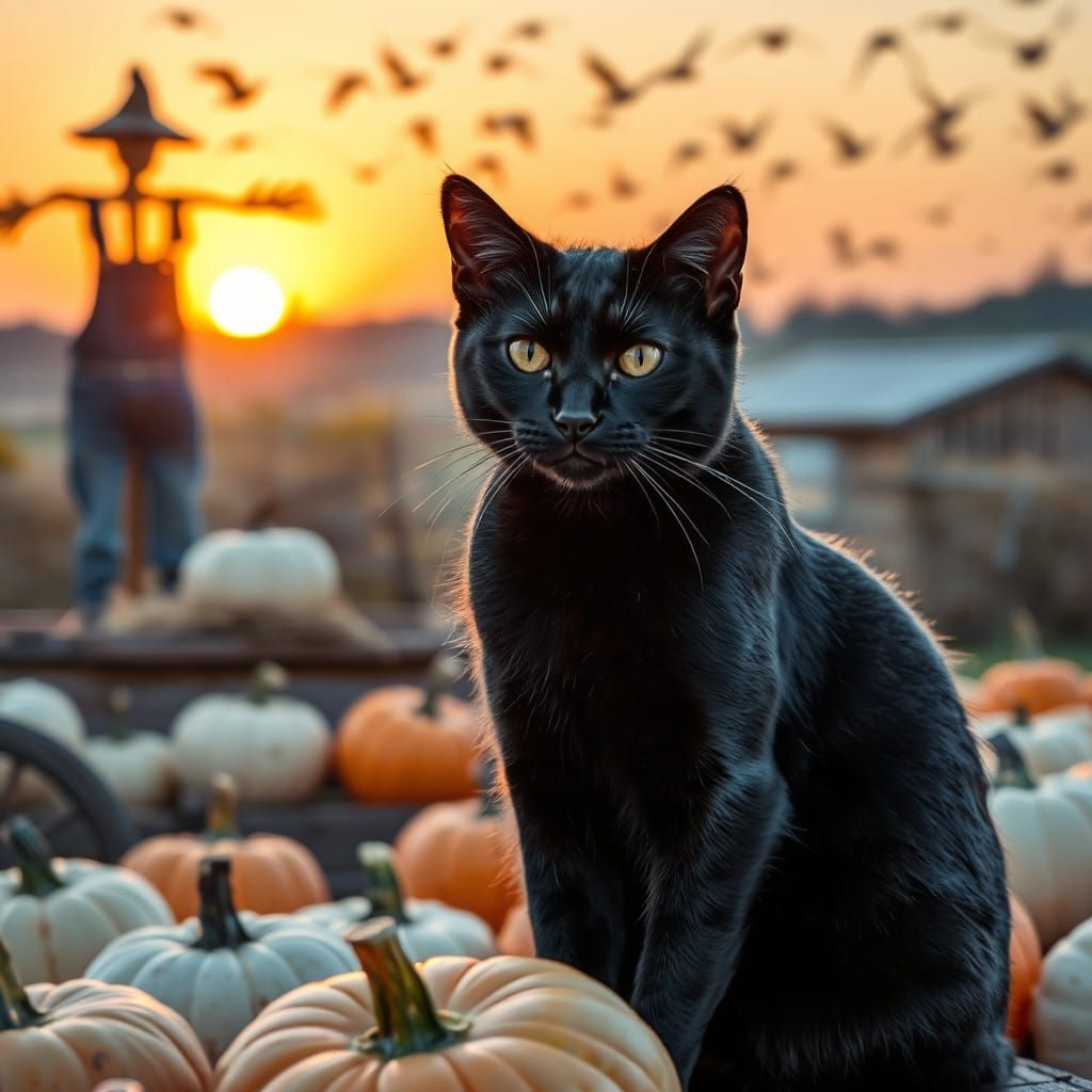 Regal Black Cat Amidst Vibrant Pumpkins at a Rustic Farm