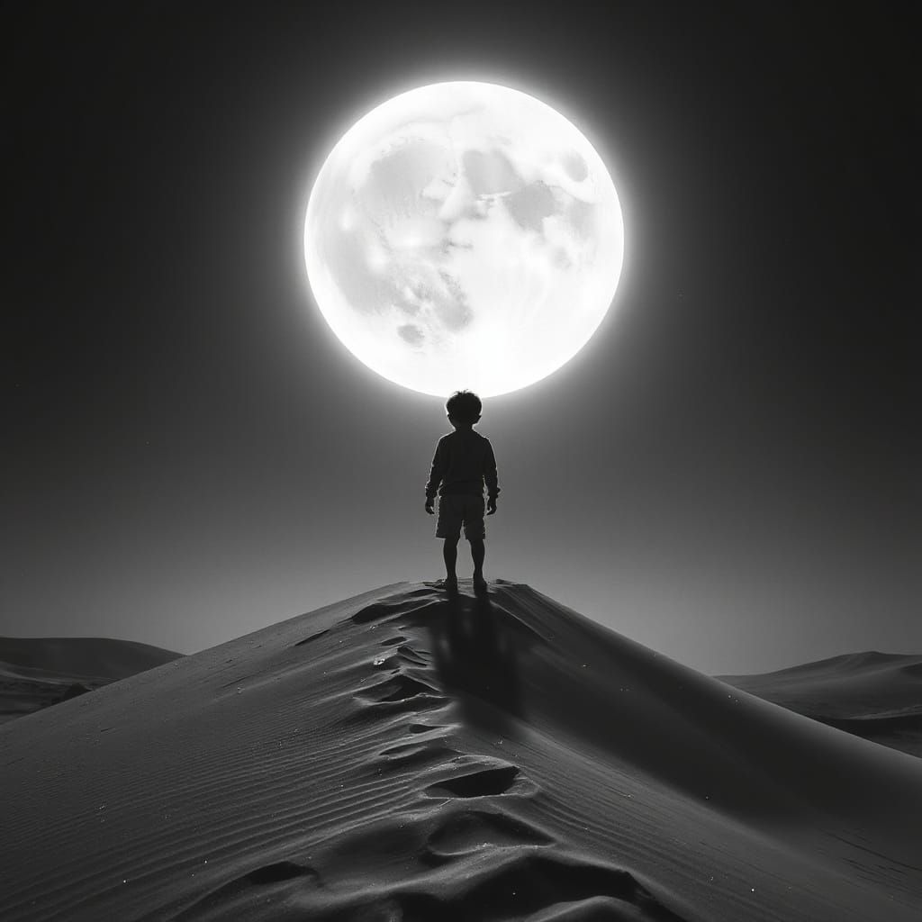 Child Silhouette Under Glowing Moon with Stardust