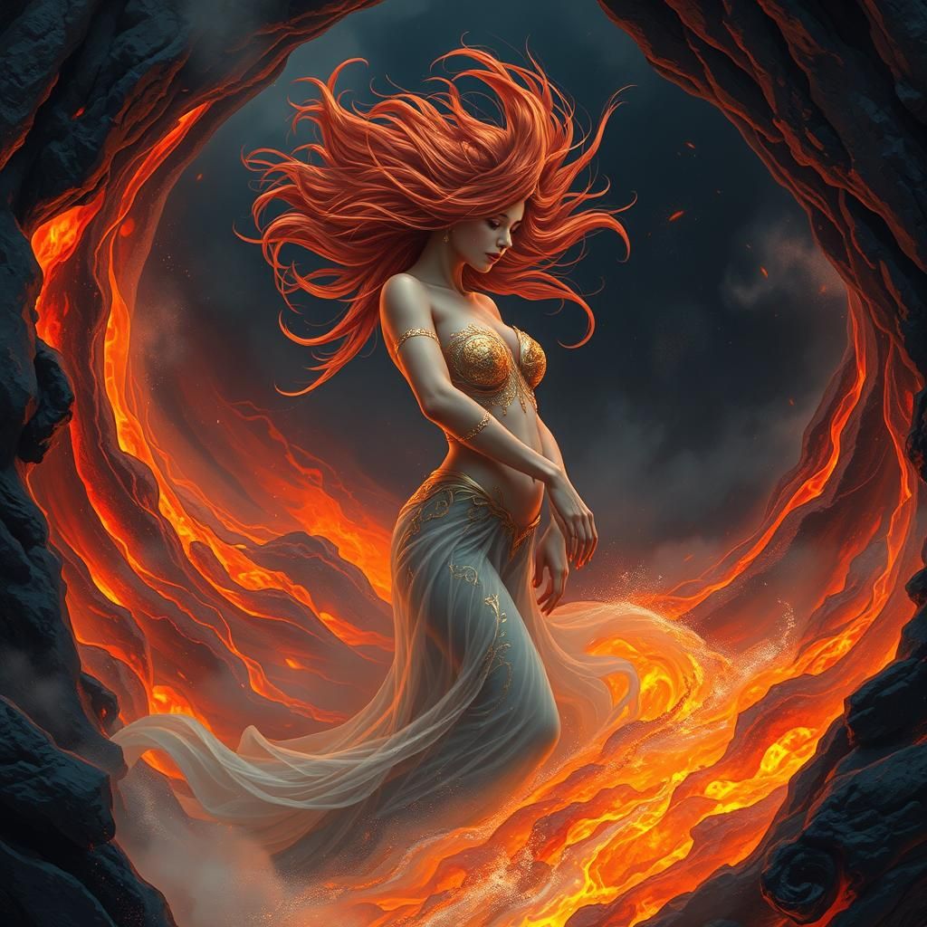 Ethereal Woman in Lava Vortex: Fantasy Art