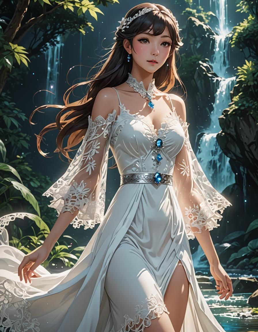 Anime Girl in Flowing Dress, Cel-Shaded Style