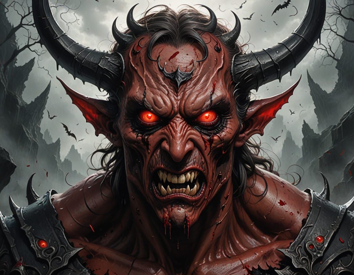 Dark Demon Looks Upward with Bleeding Eyes