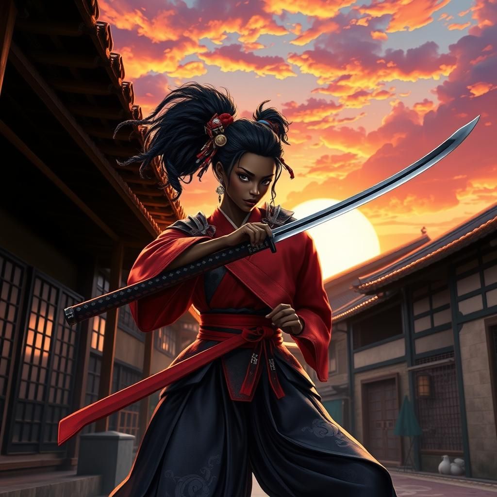 Dangerously beautiful black female Afro samurai slicing thro...