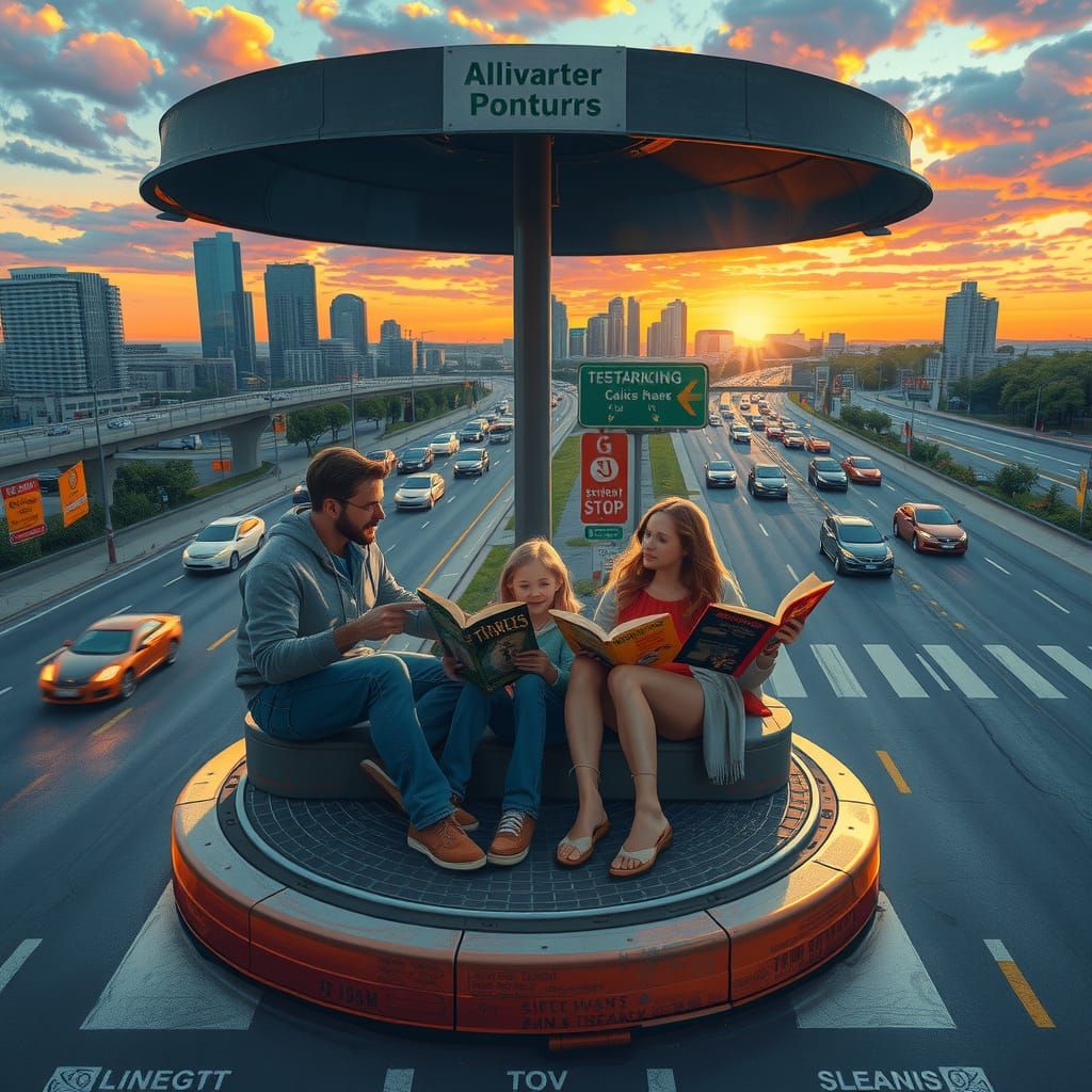 Family Reading on Highway Island at Sunset