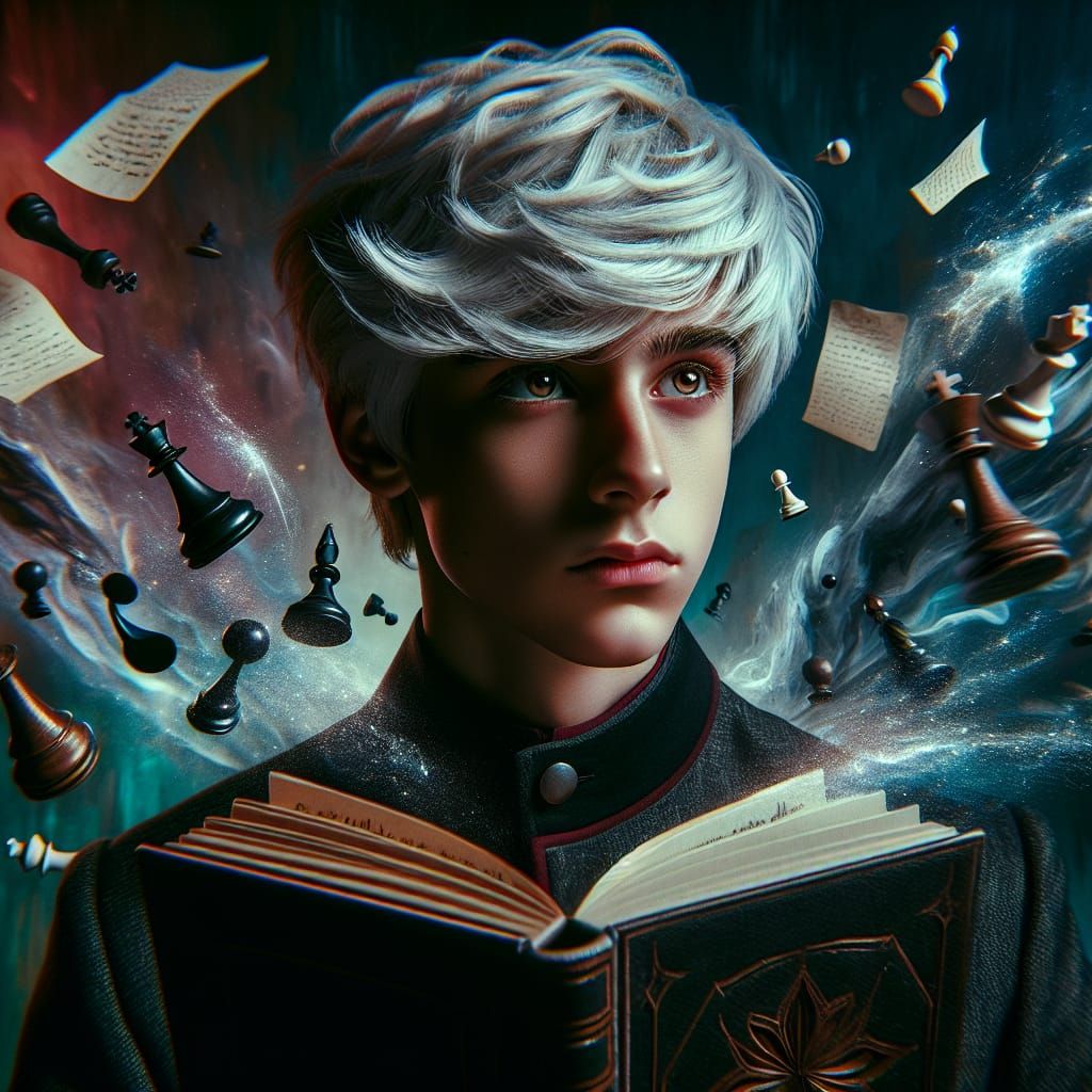 Dramatic Portrait of Boy with Chess Pieces, Hyperrealistic