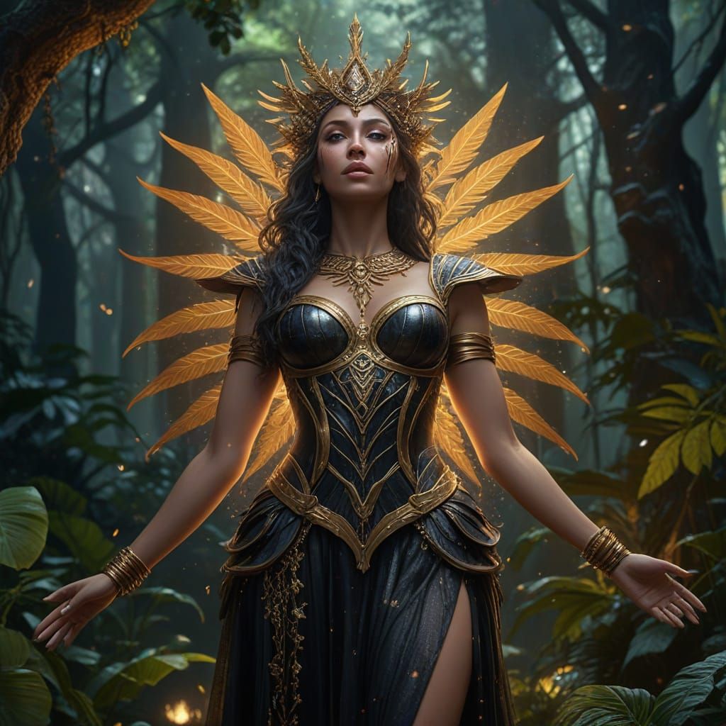 Goddess of Revenge in Magical Rainforest: Oil Painting