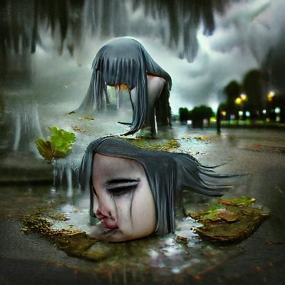 Girl Weeping in Stormy Night Fantasy Scene