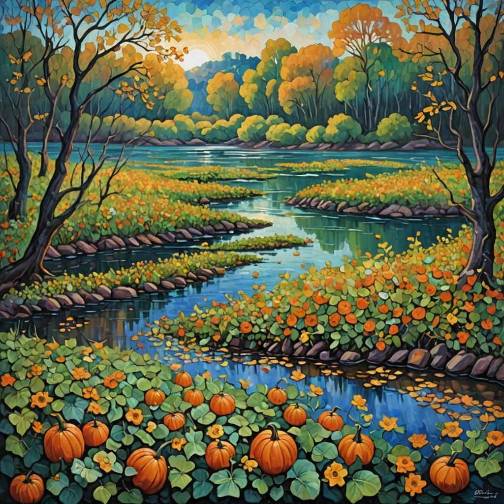 River Sings: Neo-Impressionist Oil Painting with Flowers