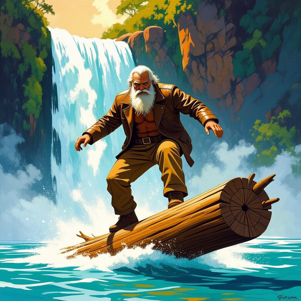 Surfing Old Man by Waterfall in Moebius Style