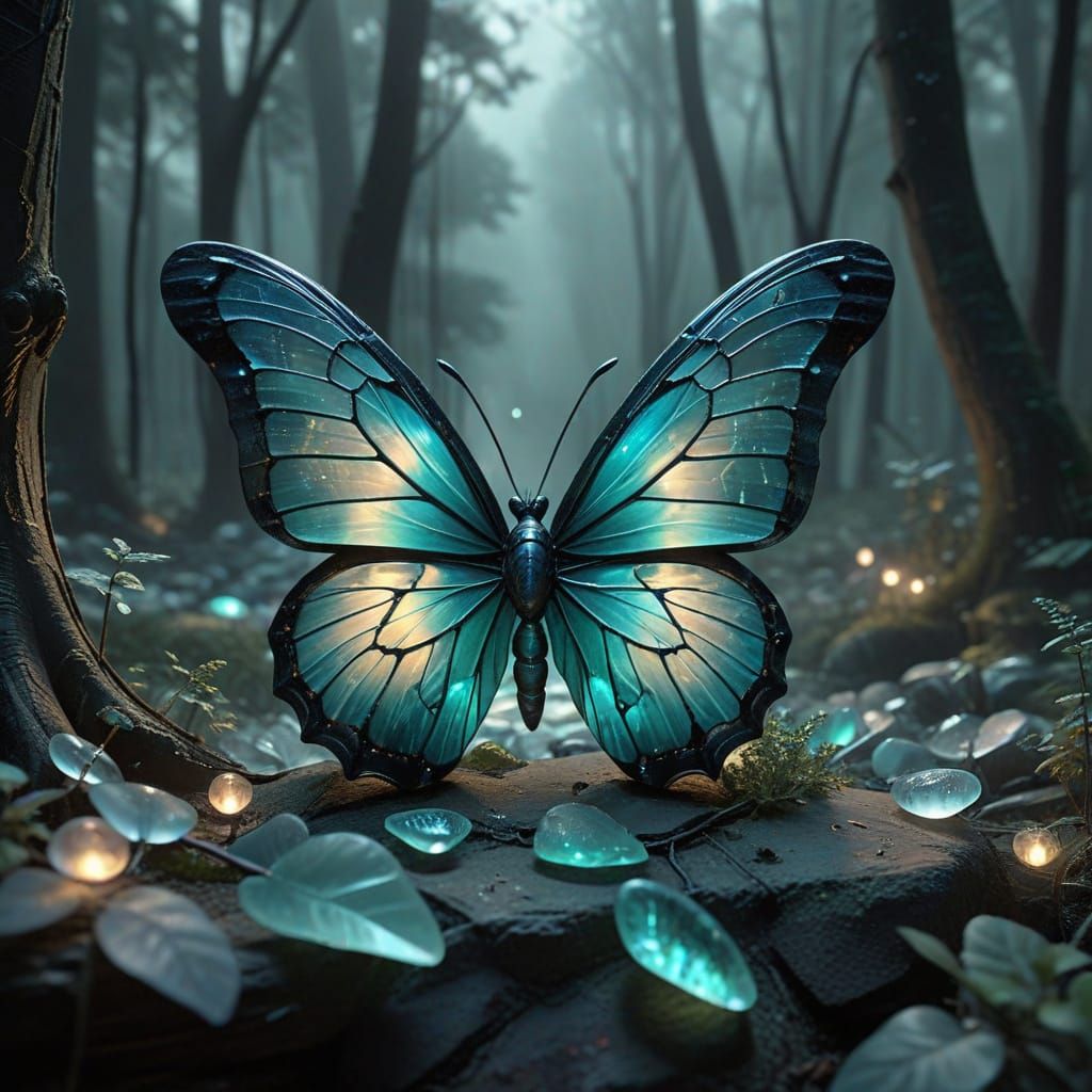 Stained Glass Butterfly in Misty Twilight Forest