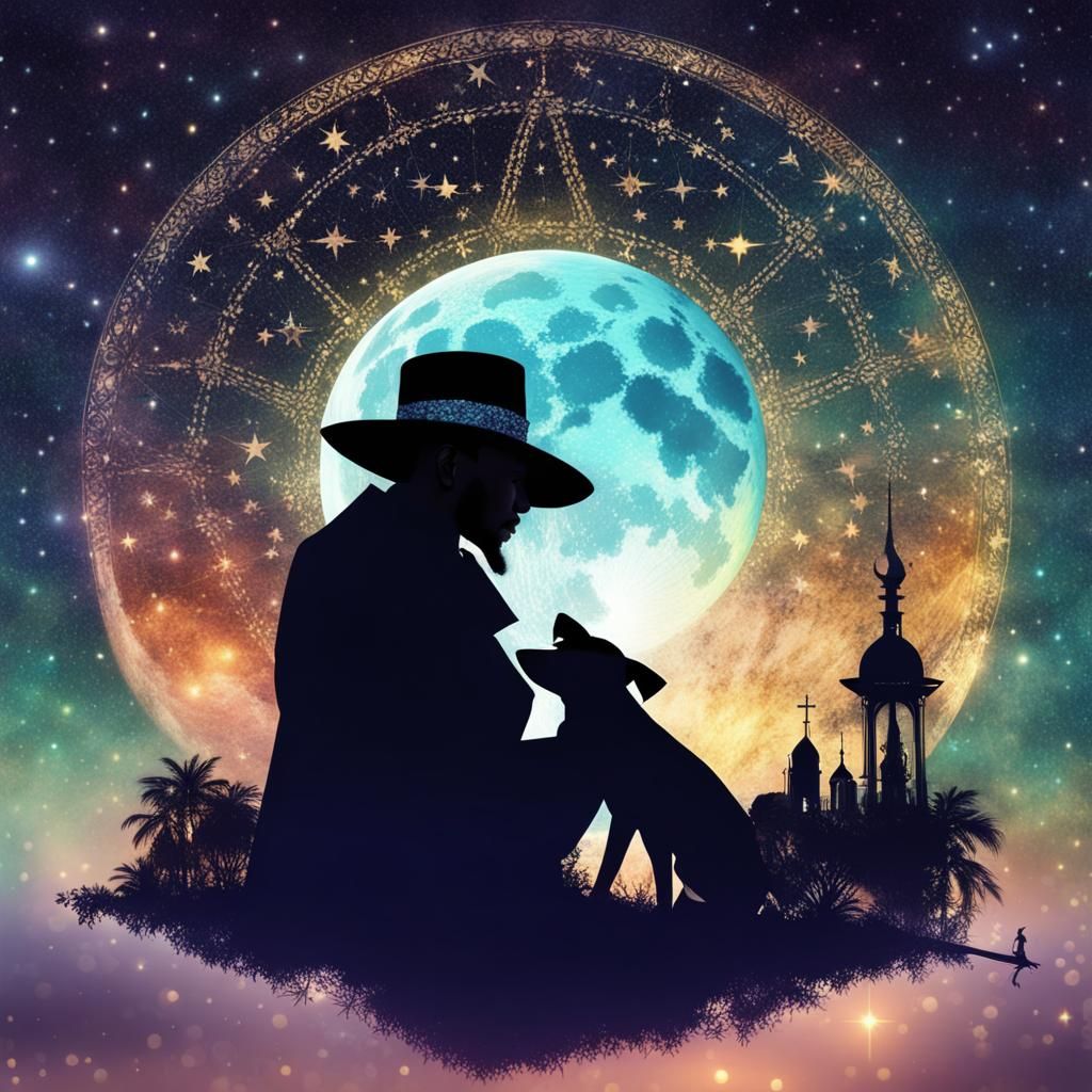 imagine double exposure silhouette of Papa Legba sitting with his dog filled by Elegant iridescent transparent shimmerin...