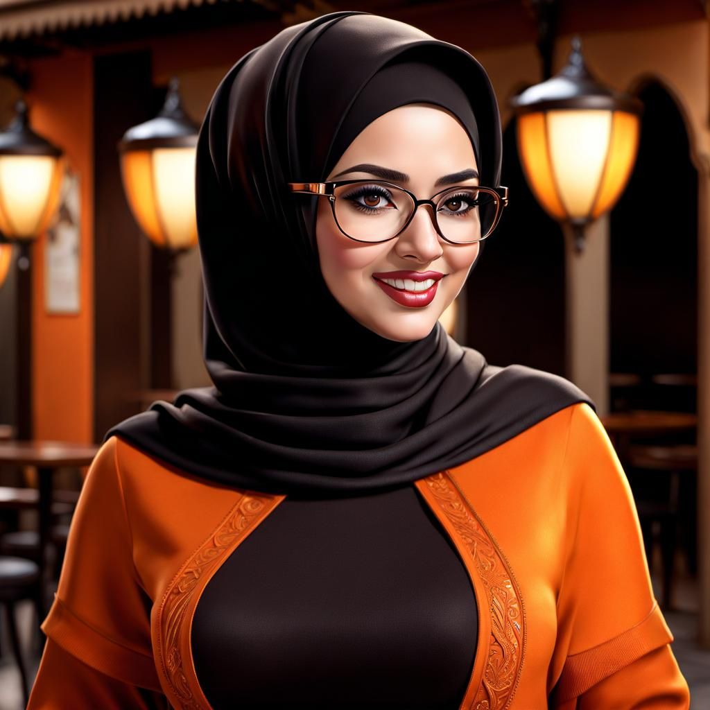 Egyptian Woman in Hijab at Cafe, Hyperrealistic Art