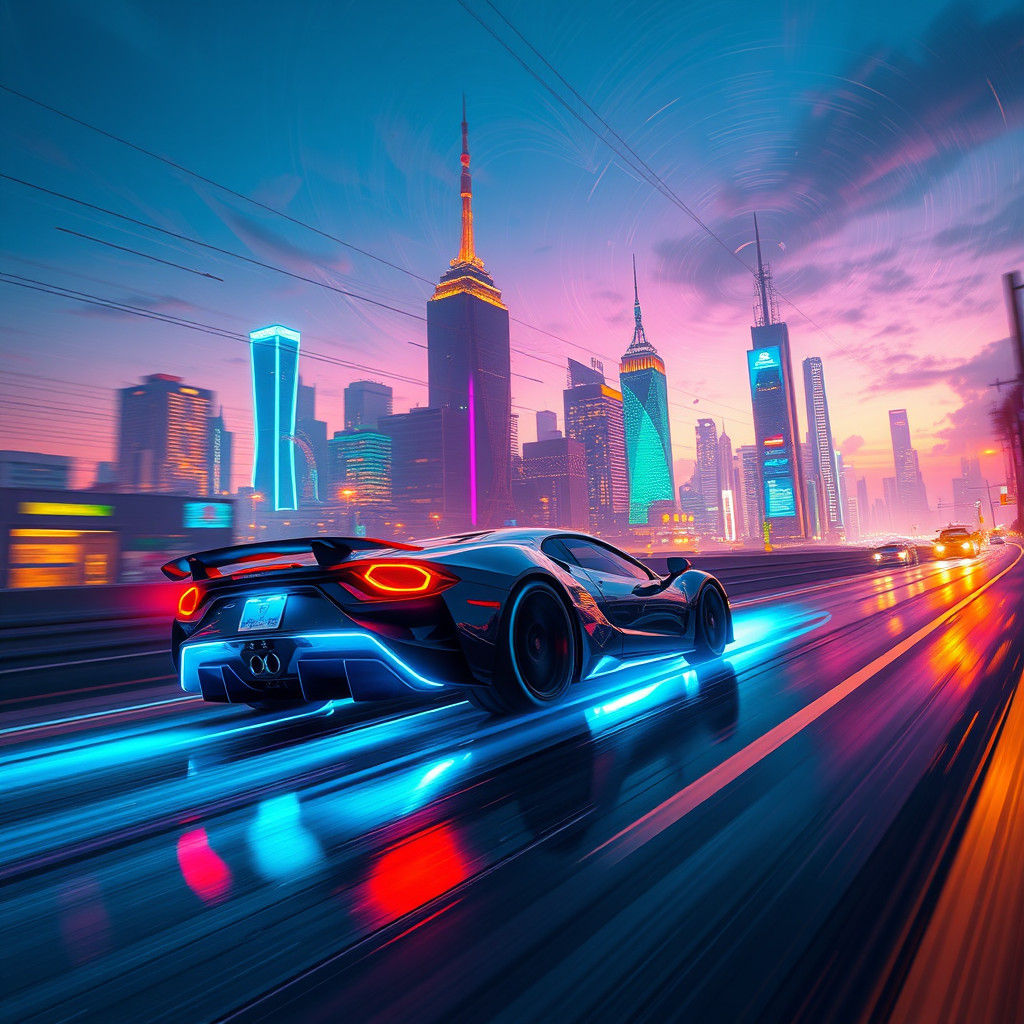 Neon Sports Car in Dreamlike Cityscape
