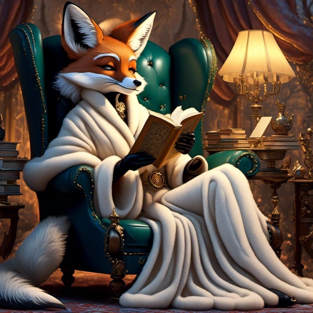 Anthro Fox Reading a Book in Cartoon Style