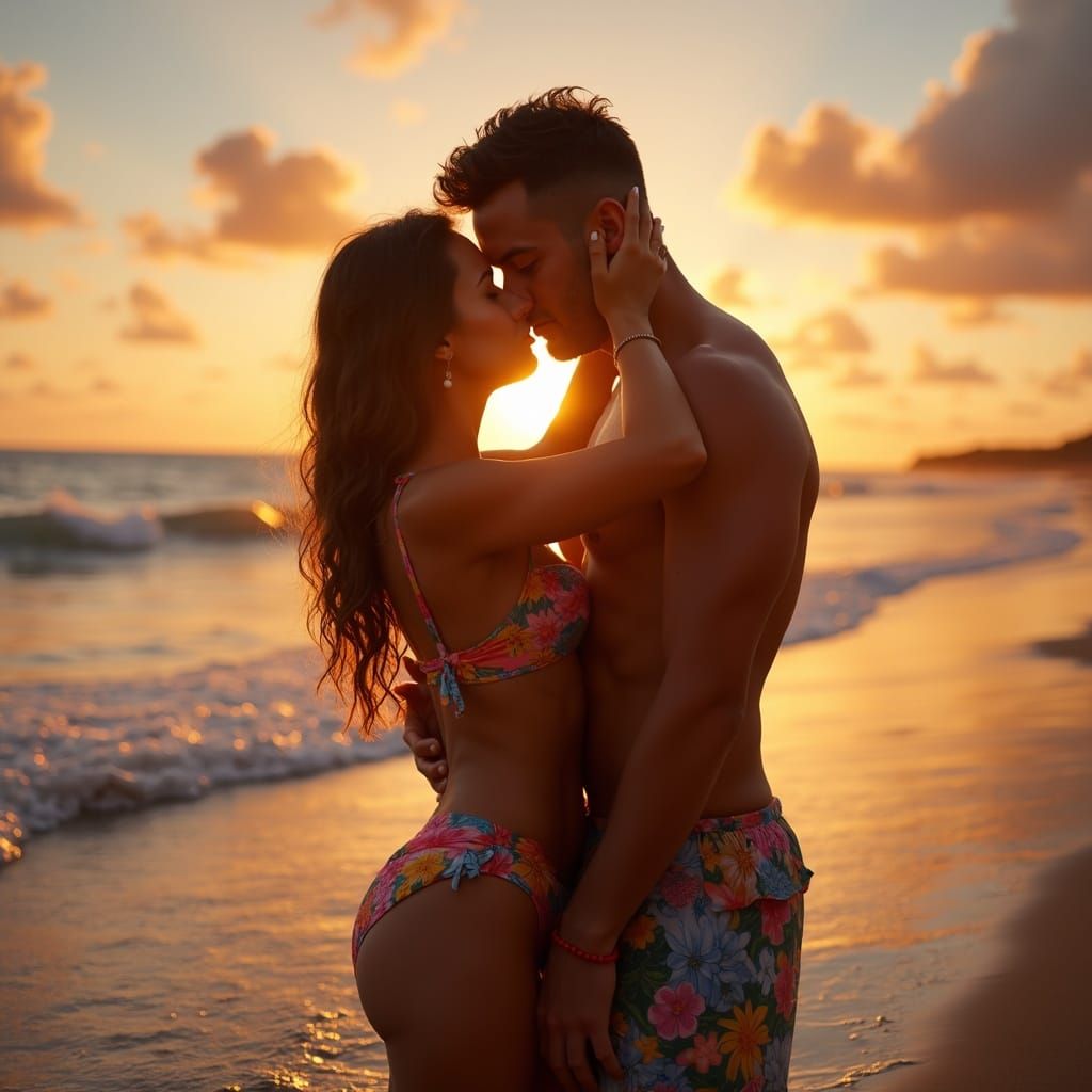 Passionate Couple Kissing on Sun-Drenched Beach at Twilight