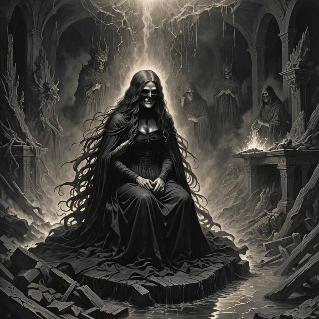 Fiery Haired Witch on Throne in Hellfire