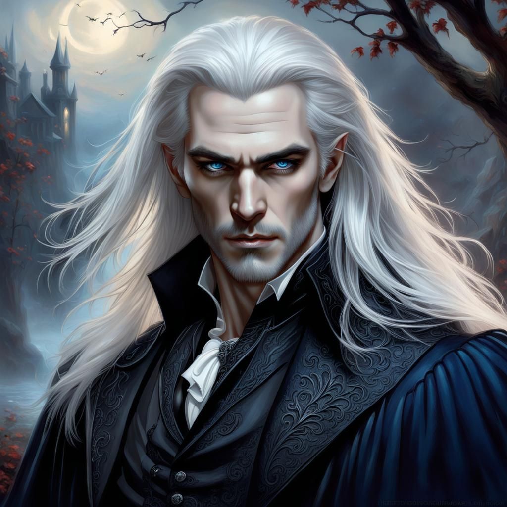 Elegant Vampire with Long White Hair in Ethereal Mist