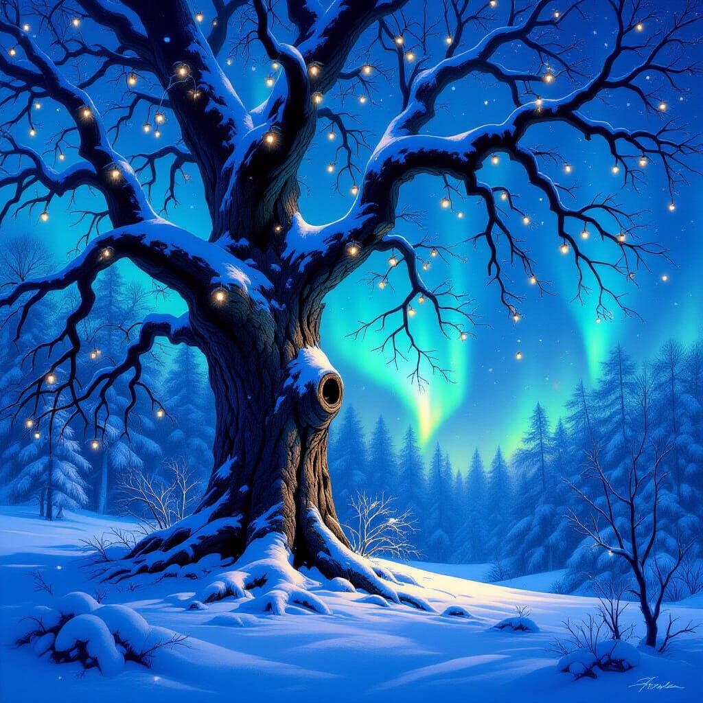 Ancient Winter Tree with Glowing Berries Under Aurora