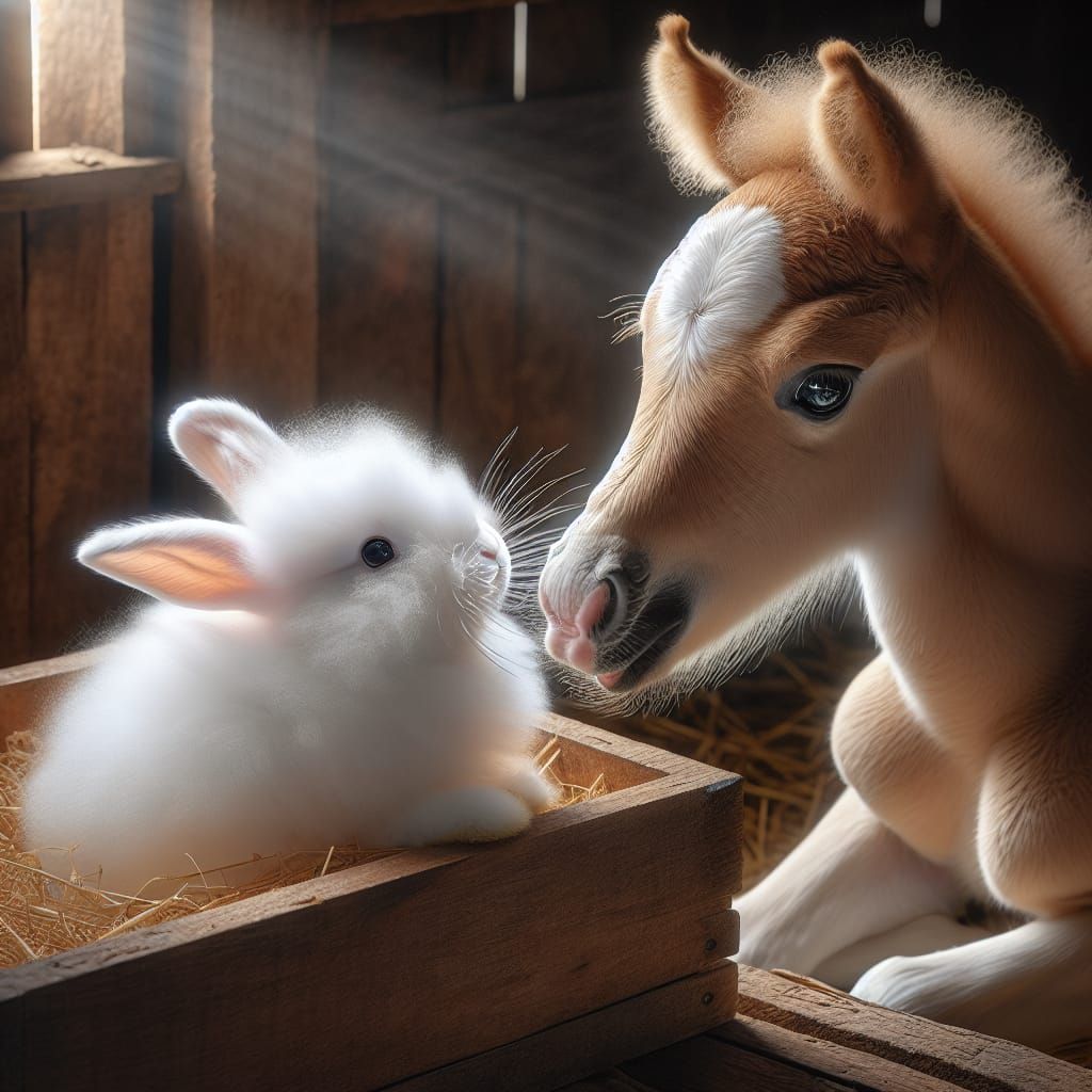 Cute Bunny and Foal Nose Touch in Barn