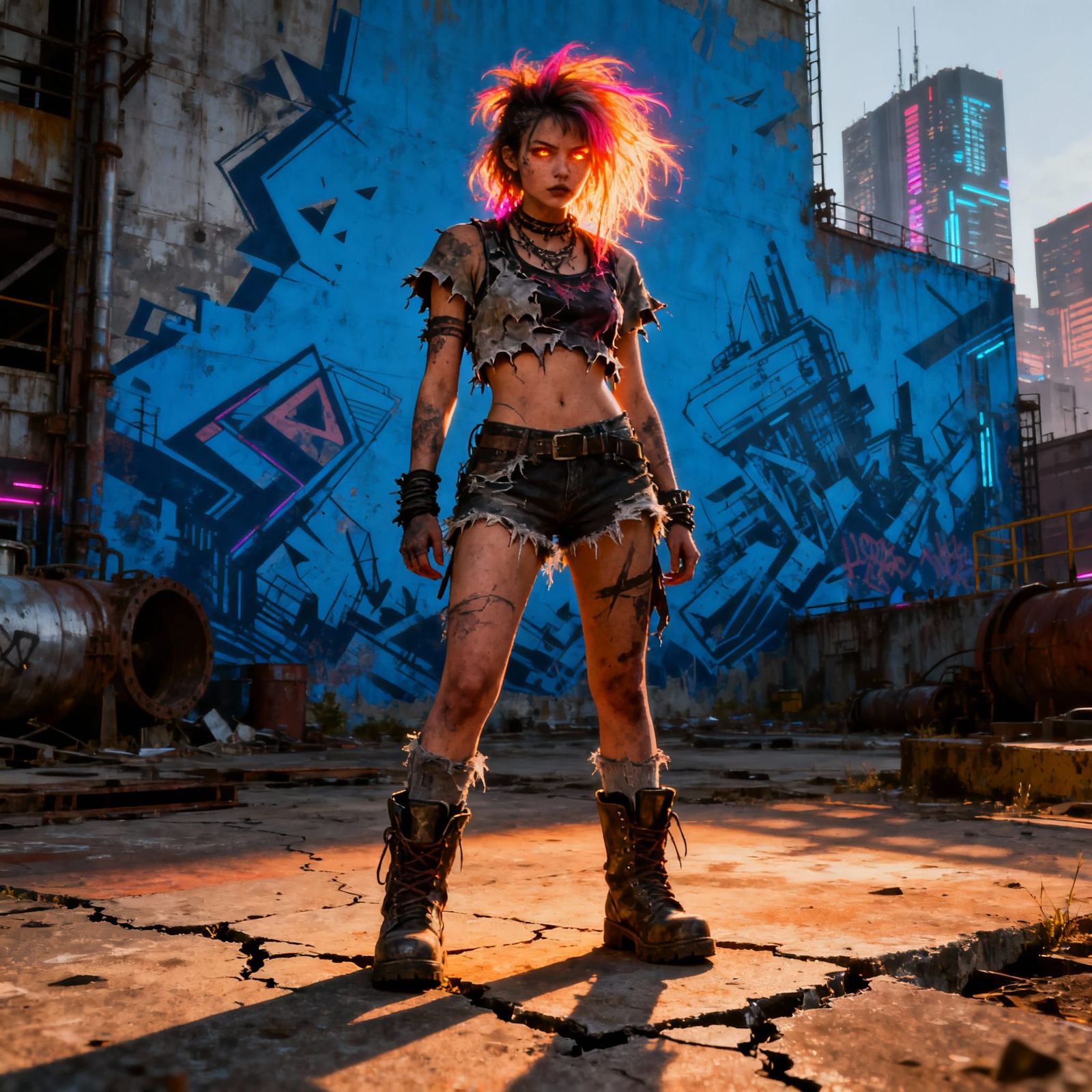 Feral Punk Woman in Dystopian Cityscape