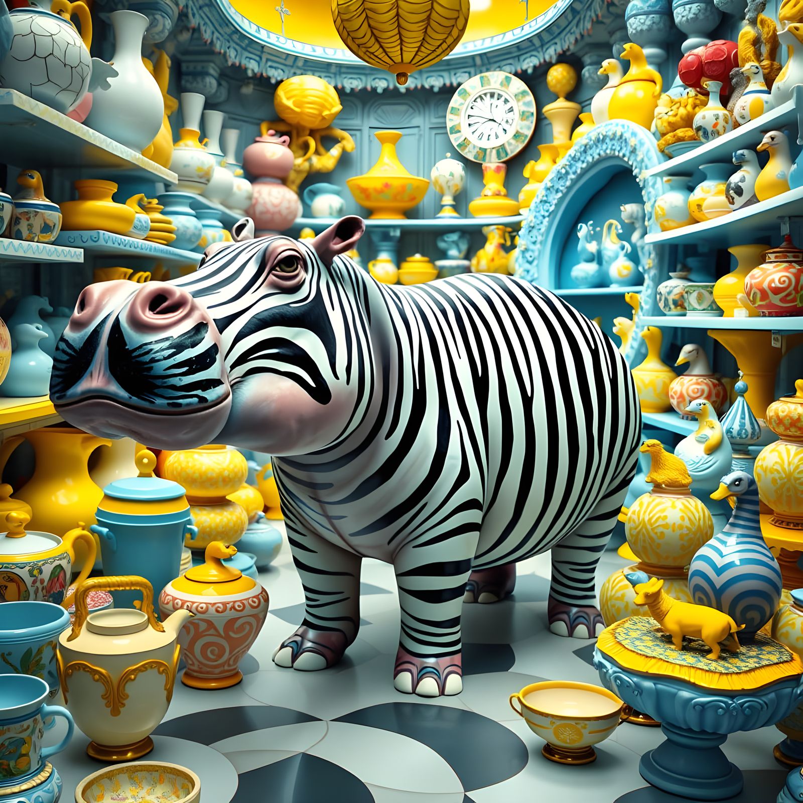 Hippopotamus in Whimsical Porcelain Shop