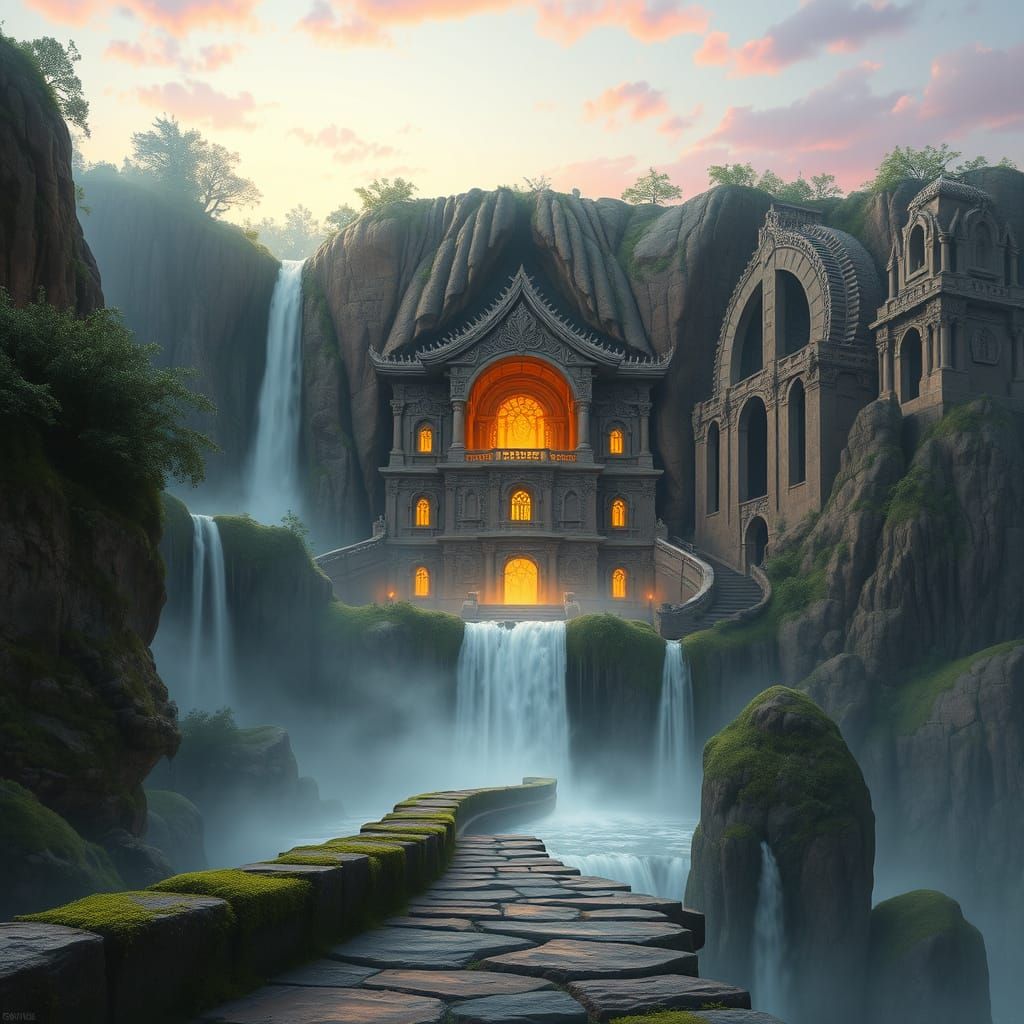 Mystical Temple Behind Waterfall at Dawn