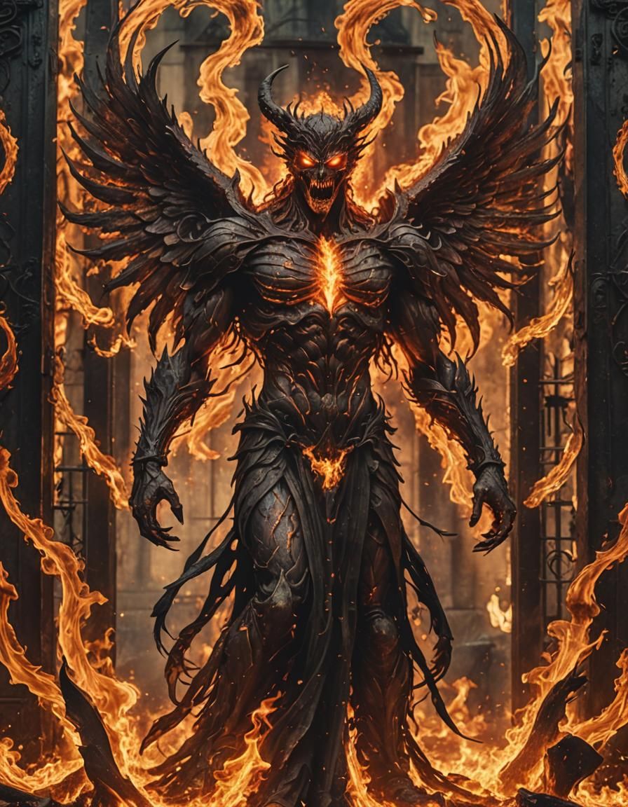 Demonic Fire Angel at the Gates of Hell