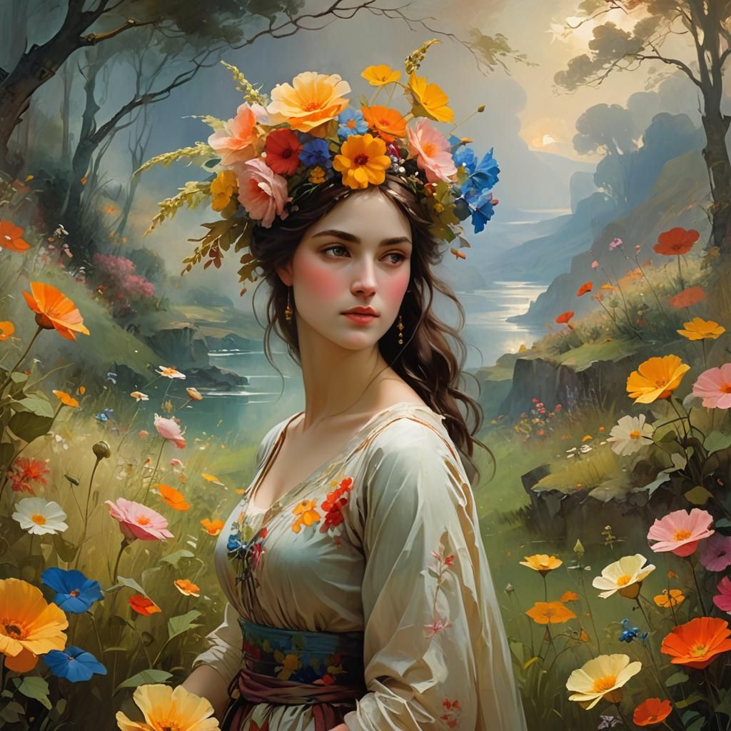 Woman walking in a flowery landscape