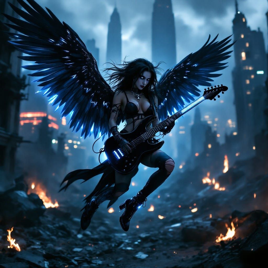 Rockstar Angel in Apocalyptic Cityscape