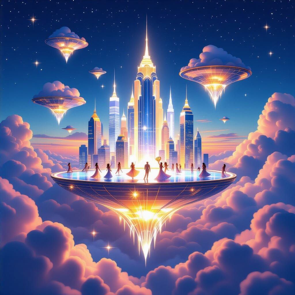 Art Deco Futuristic Cityscape with Dancers in Luminous Light