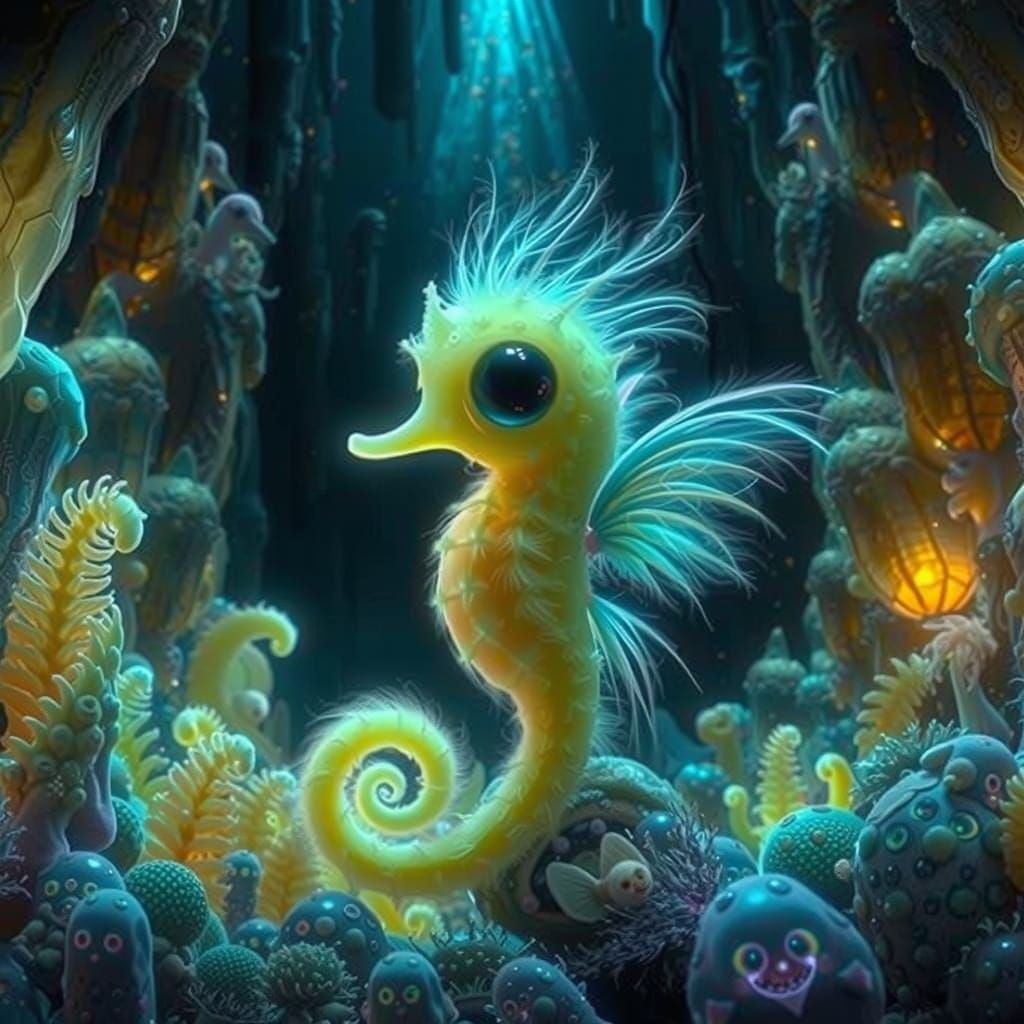 Iridescent Seahorse with Wings in Crystalline Cave
