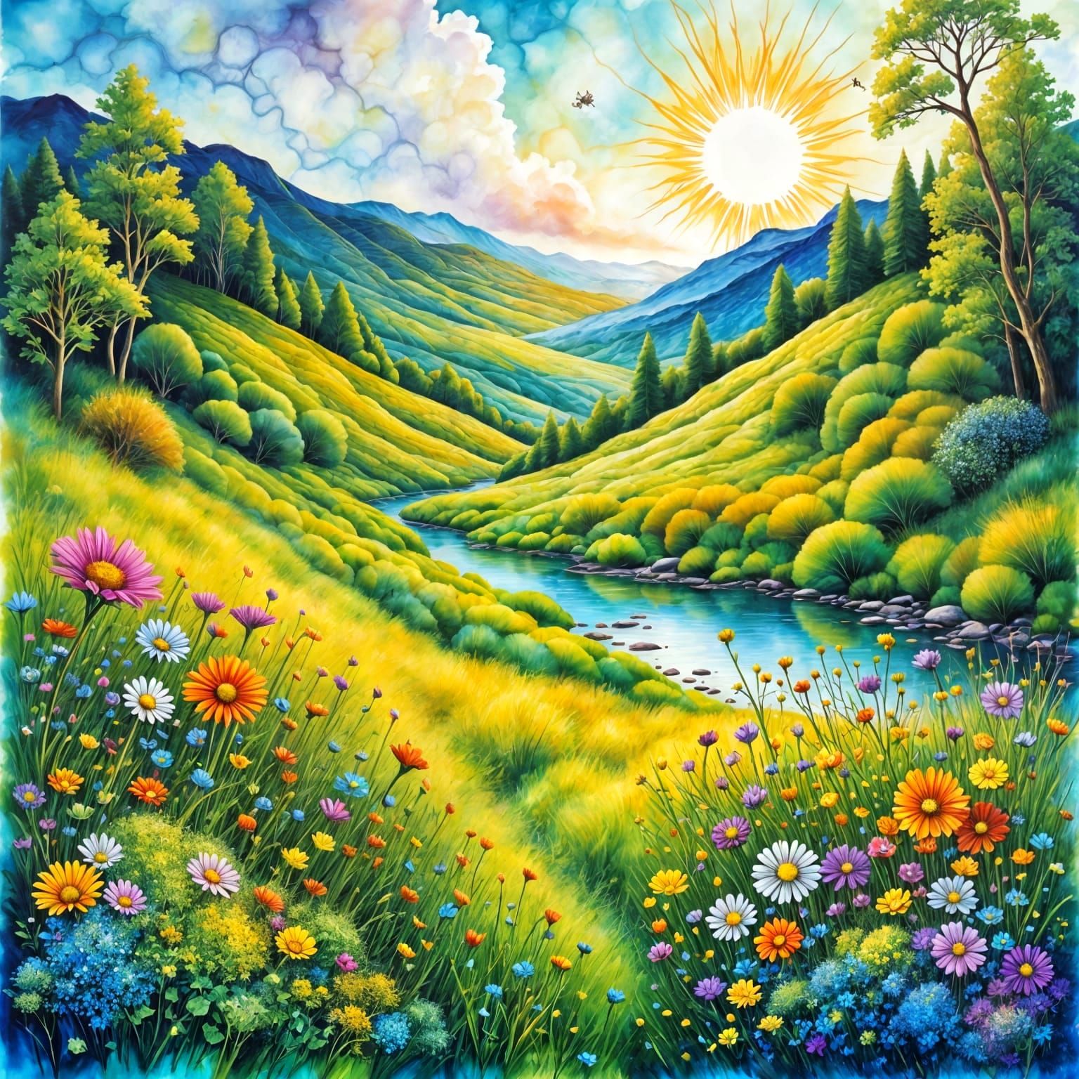 Vibrant Wildflowers Growing Near Riverbank as Impasto Painti...