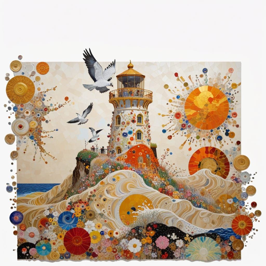 Sand Dunes & Lighthouse at Sunset, Klimt & Hirst Inspired Ar...