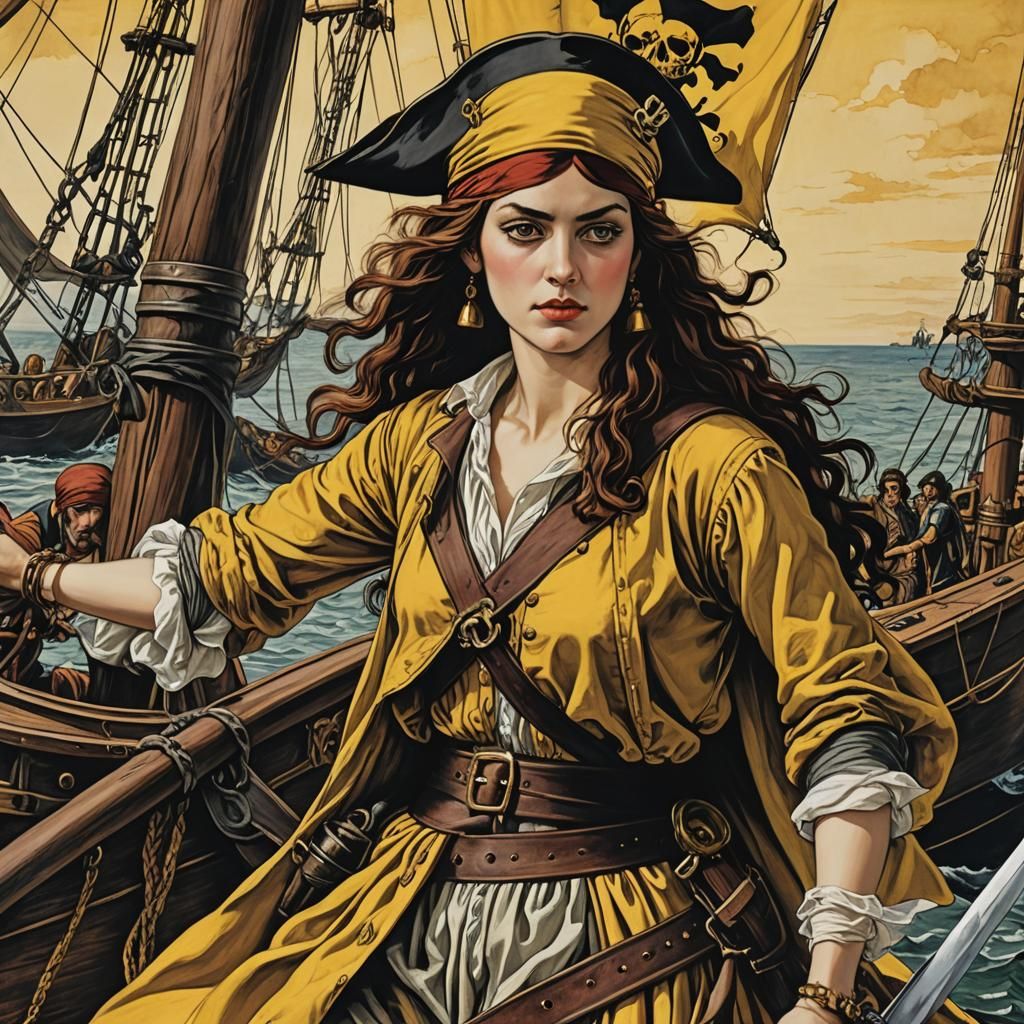 Fierce Pirate Queen with Jolly Roger, Ink Print Style