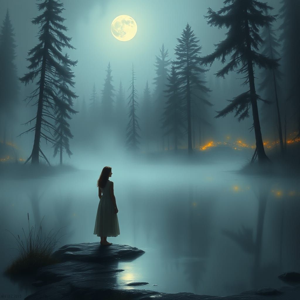 Woman on Misty Moonlit Lake Shore