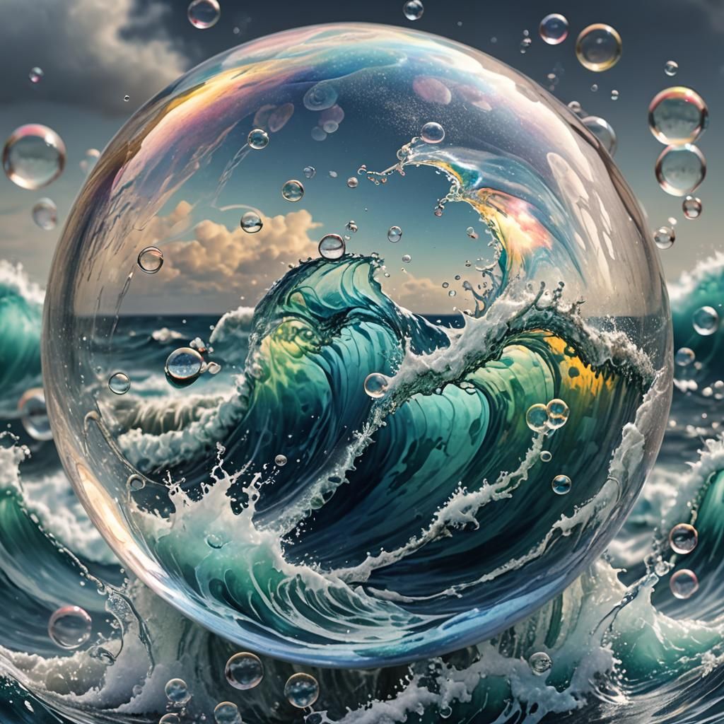 Ocean Waves in a Bubble: Hyperrealistic Watercolor