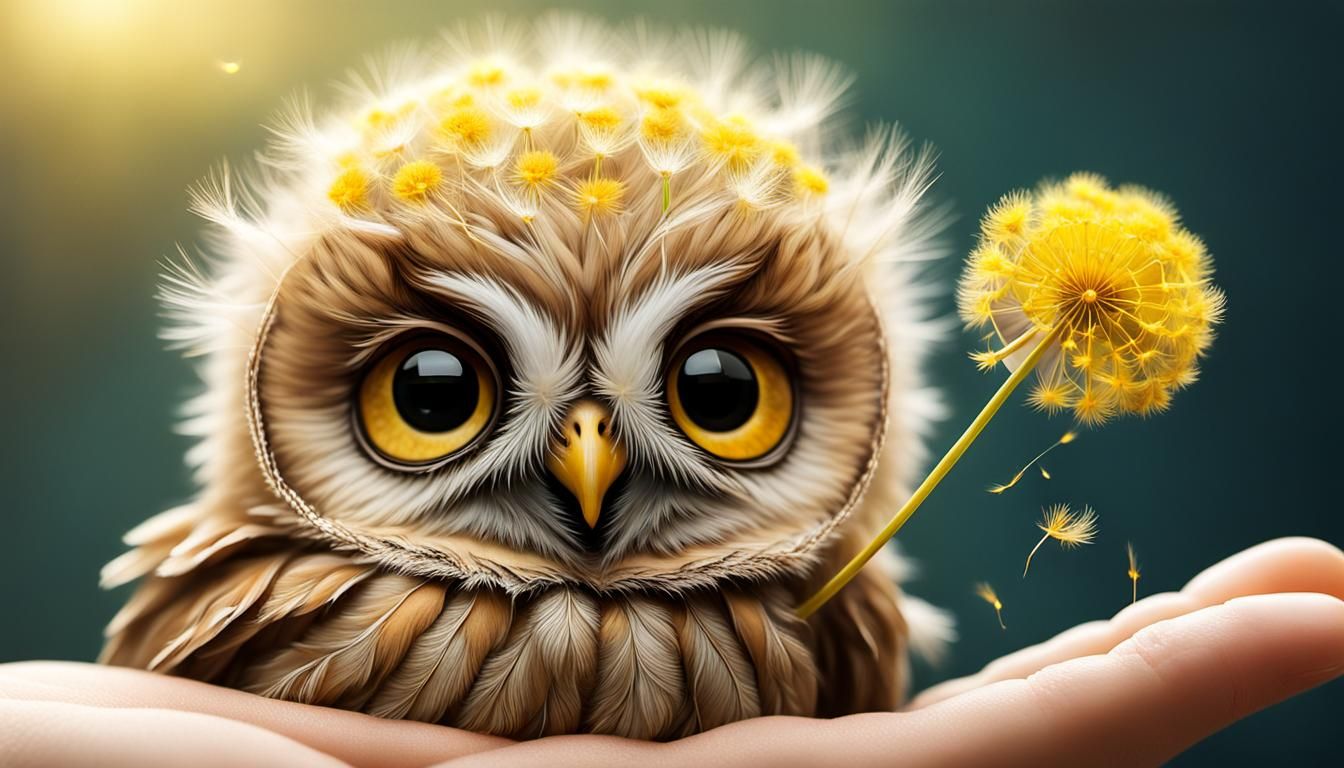 Tiny Dandelion Owl on Fingertip: Hyper-Realistic Digital Art